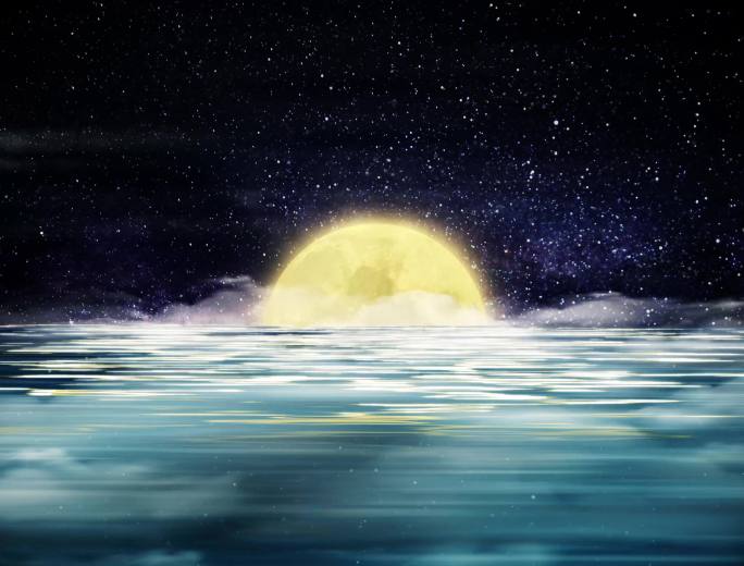 4K唯美月亮升起 月色夜景 海