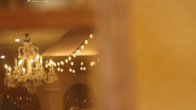 婚礼大厅环境金色椅子灯泡吊灯花朵房间