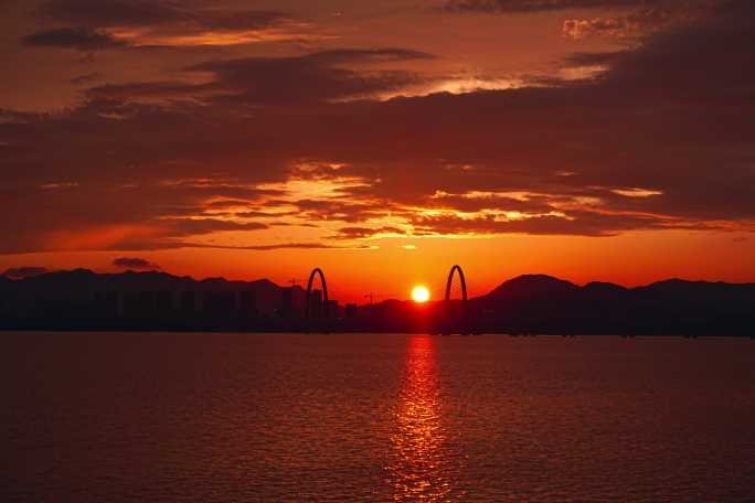 杭州之江大桥火烧云日转夜延时