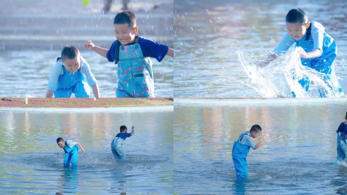两个小孩在水里嬉戏玩耍慢动作