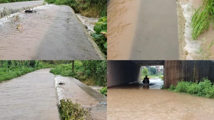 河水上涨水位上升洪流淹过路面水浪流入稻田