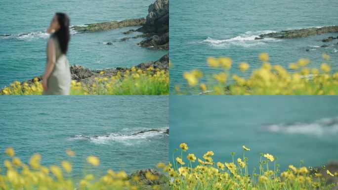 美女海边远眺  鲜花丛中 鲜花与海