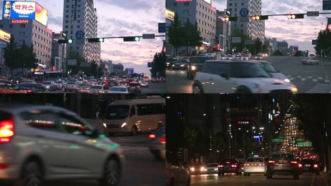 韩国首尔市夜晚街景 路口车流车灯路灯组镜