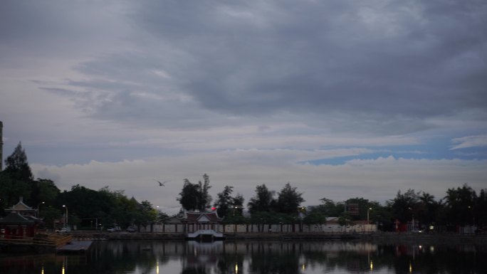 傍晚公园湖面天空一只飞鸟飞过夜幕降临风景