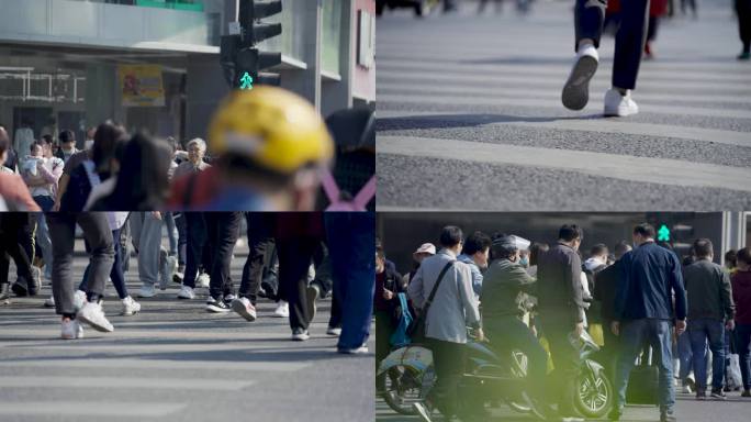 人行道 行人过斑马线 交警指挥 红灯变绿