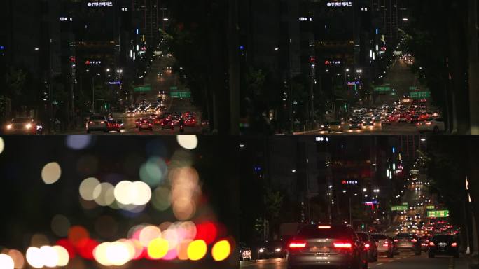 韩国首尔夜晚街景路口上下坡路车流 虚实镜