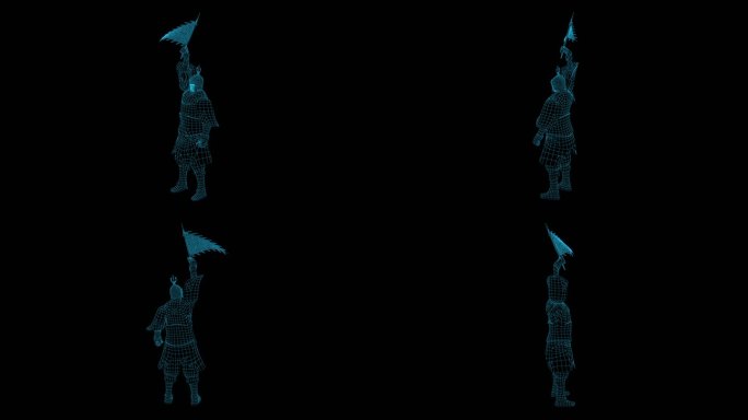 蓝色线框全息科技古代士兵人物动画带通道