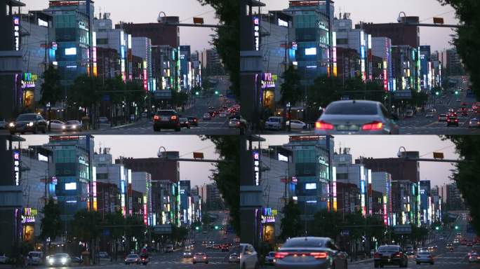 韩国首尔市傍晚街景路口上下坡道车流