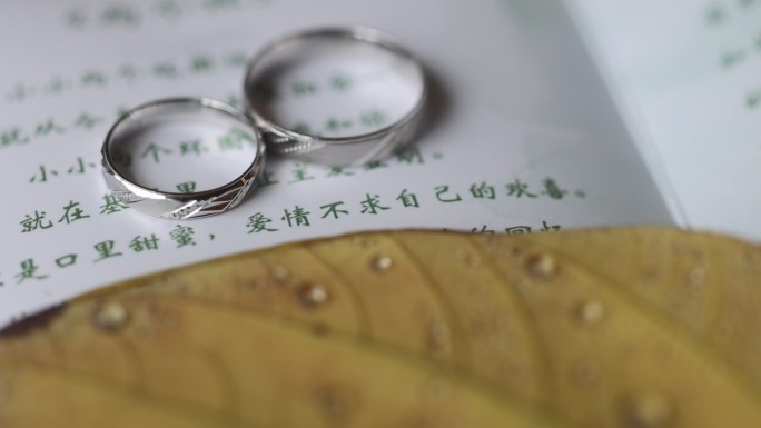结婚戒指两个环歌曲折页露珠黄叶子玻璃瓶