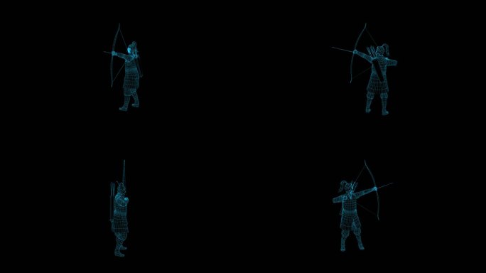 蓝色线框全息科技古代士兵射箭人物动画
