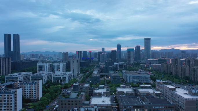 杭州滨江城市黄昏 互联网小镇夜景航拍