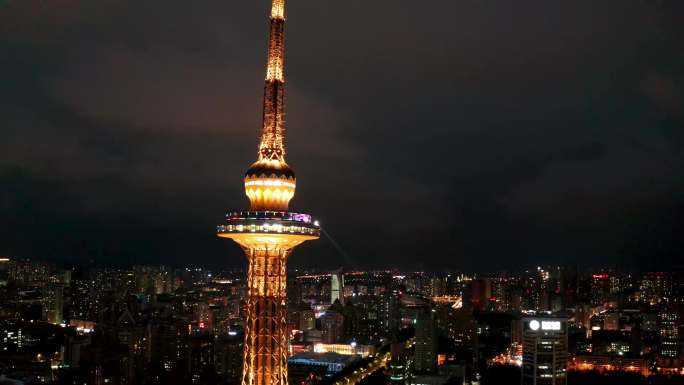 哈尔滨城市地标龙塔夜景航拍