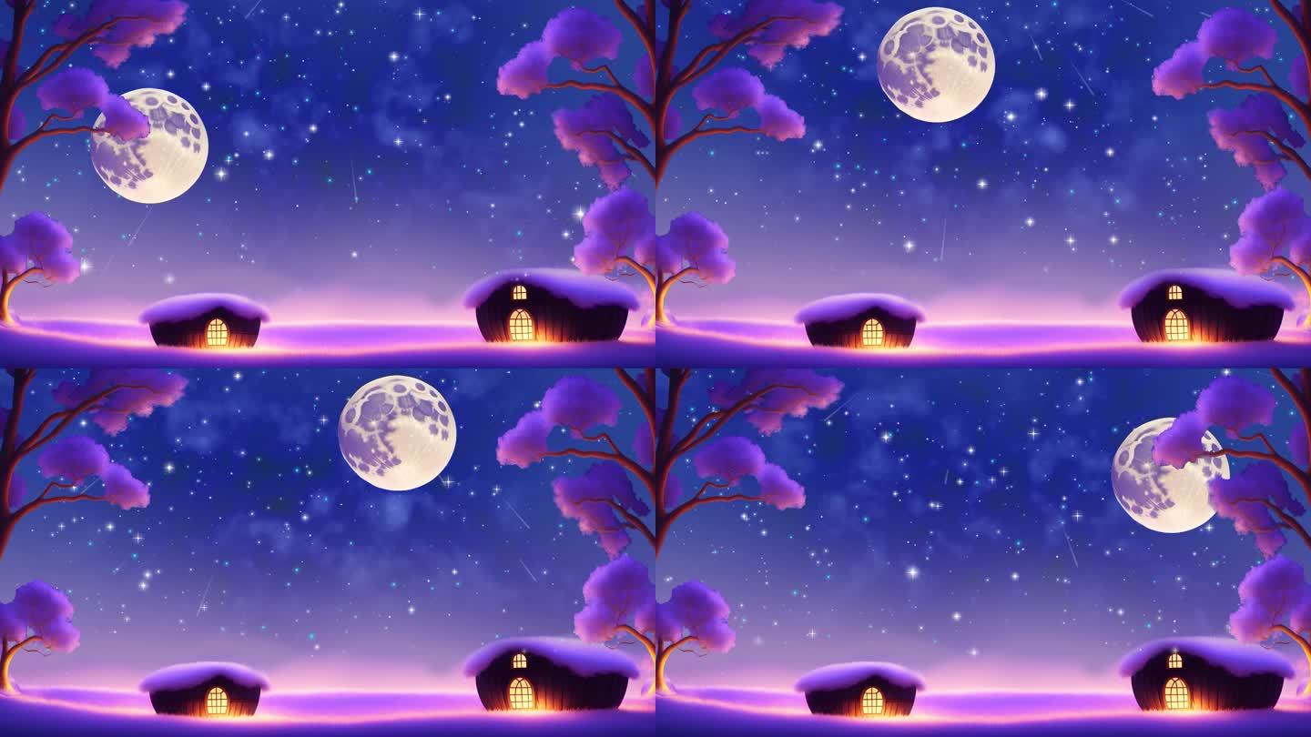 紫色浪漫月光梦幻场景中秋节月球升起星空
