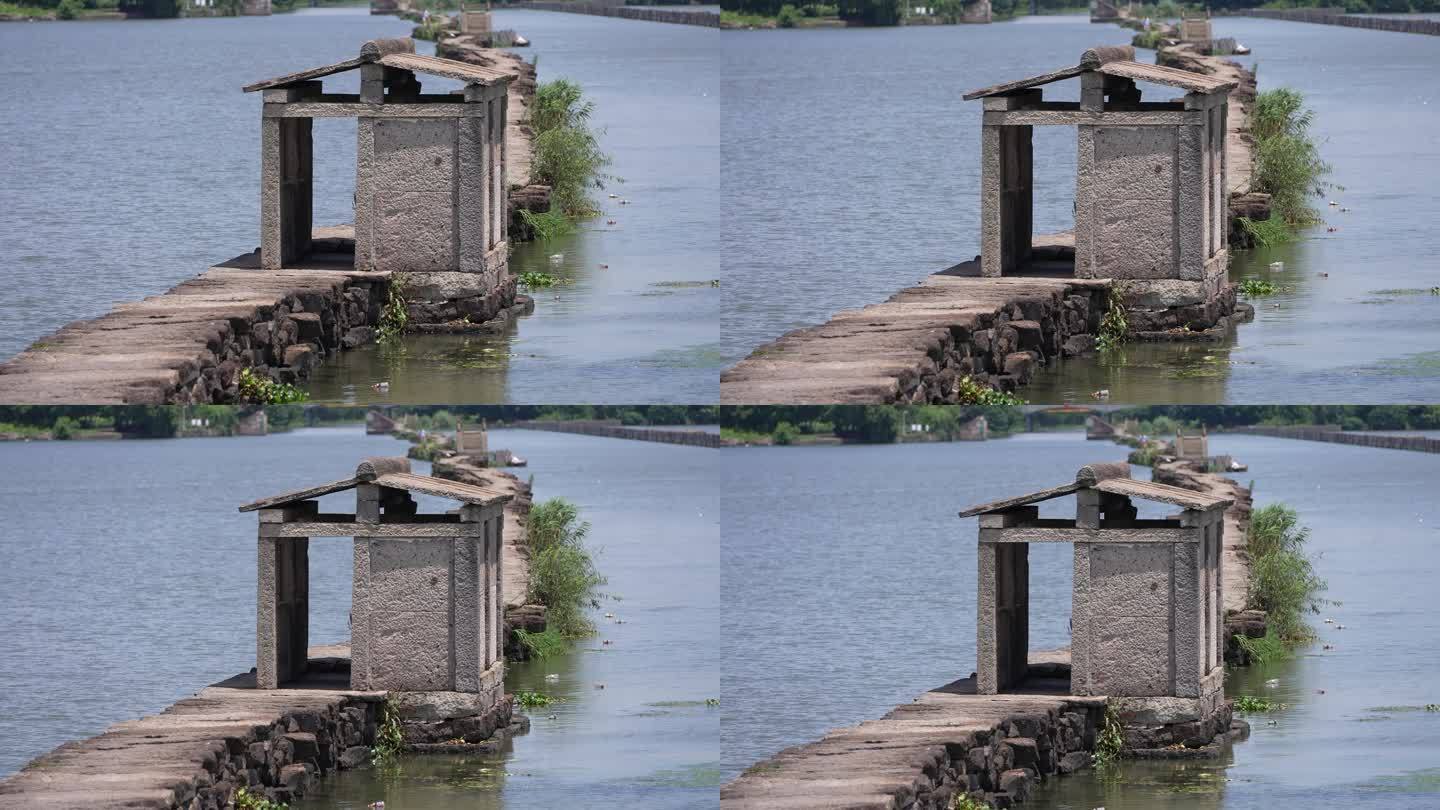 江南浙江绍兴越城区昂桑湖古纤道石板路石亭