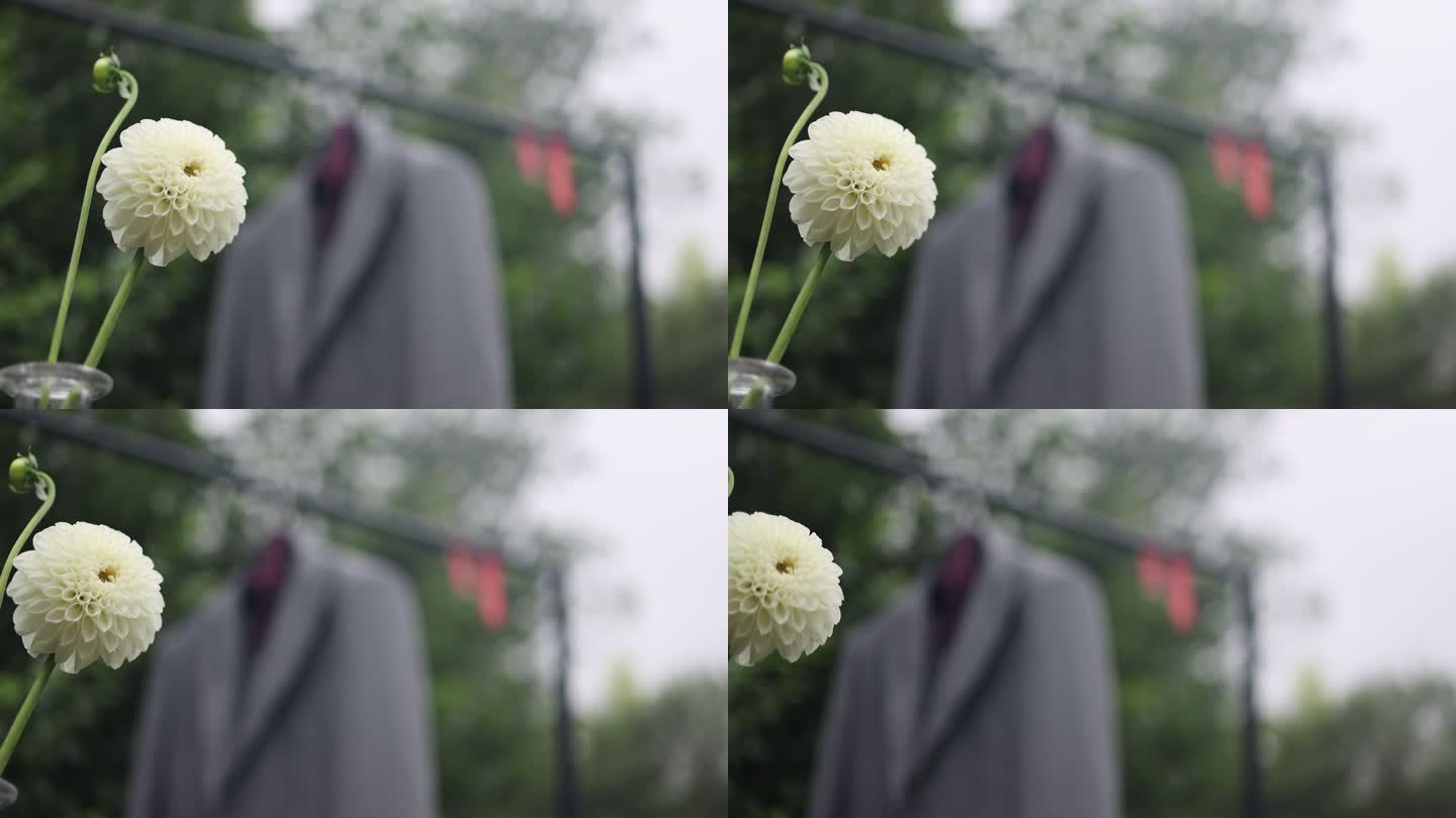 婚礼草坪新郎西服礼服展示白色花朵结婚衣服