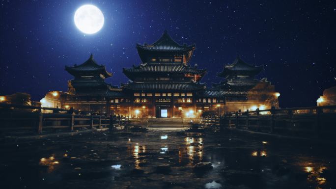 古代宫廷建筑恢弘皇城大殿夜晚场景大屏