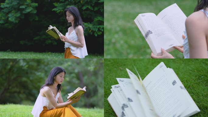 女孩草坪上看书  阅读  唯美清新惬意