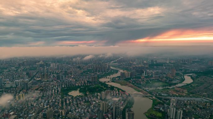 航拍衡阳蒸水河日落晚霞阵雨