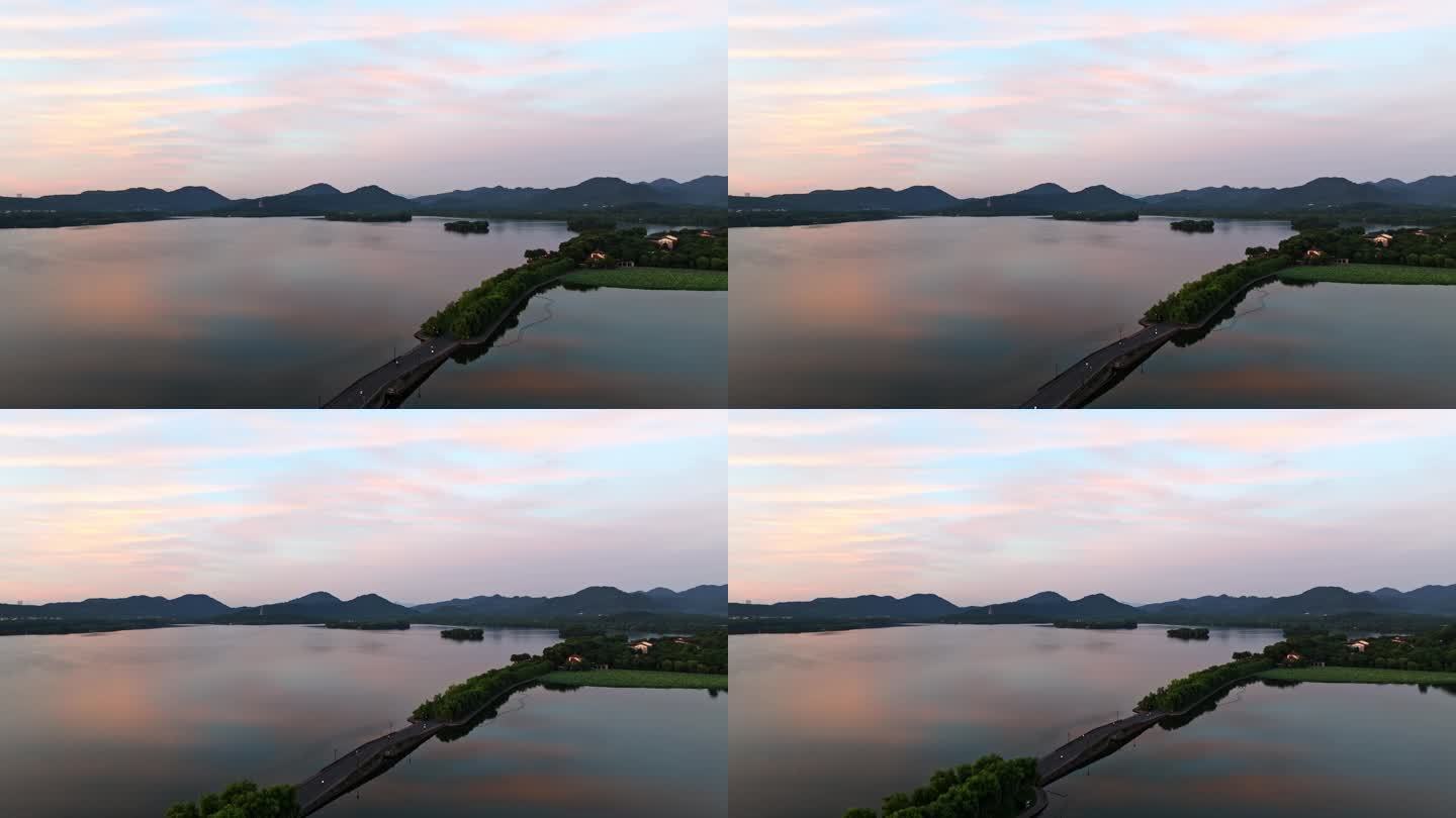 清晨日出4K航拍唯美杭州西湖白堤