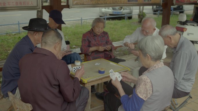 老社区老人下棋打牌遛狗闲聊老年悠闲生活