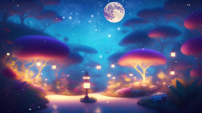 月亮莹火虫唯美的场景音乐视频背景梦幻仙景