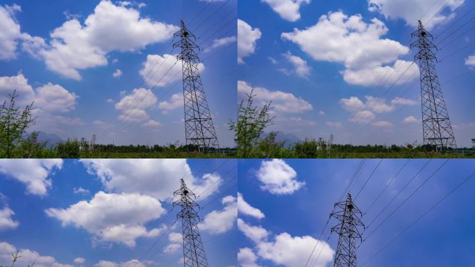 蓝天白云下的高压线电塔延时摄影