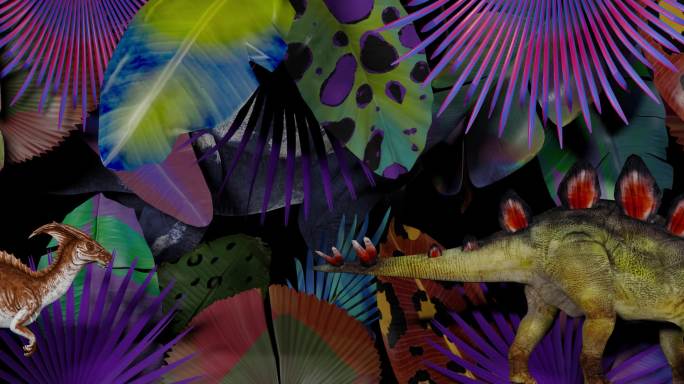 恐龙走路热带森林艺术彩色