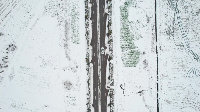 对称构图航拍雪中的车