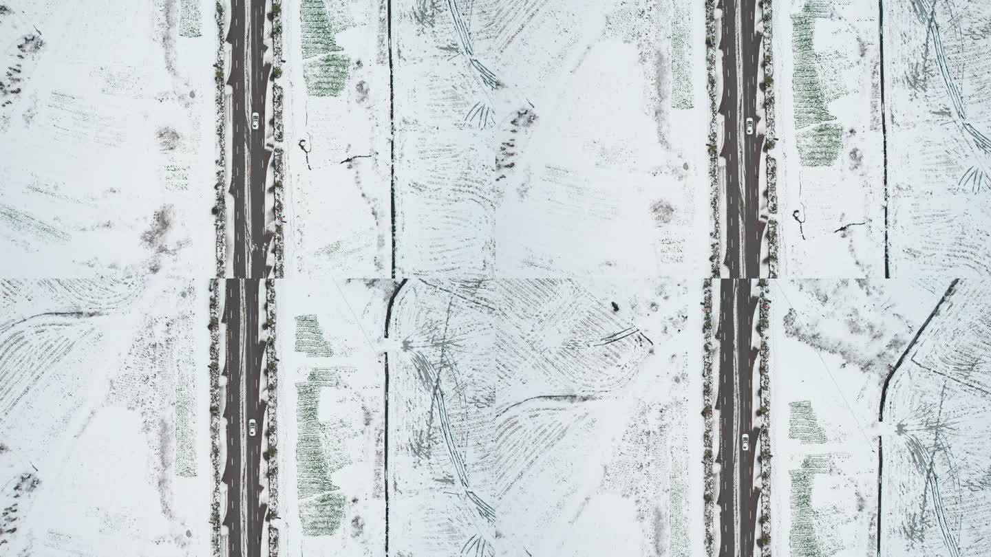 对称构图航拍雪中的车