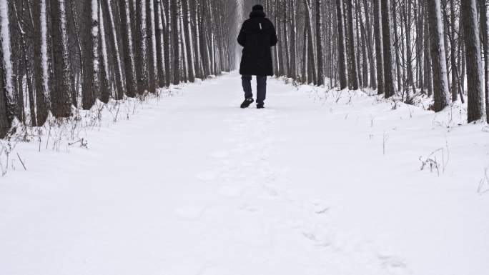 雪地里男子行走背影