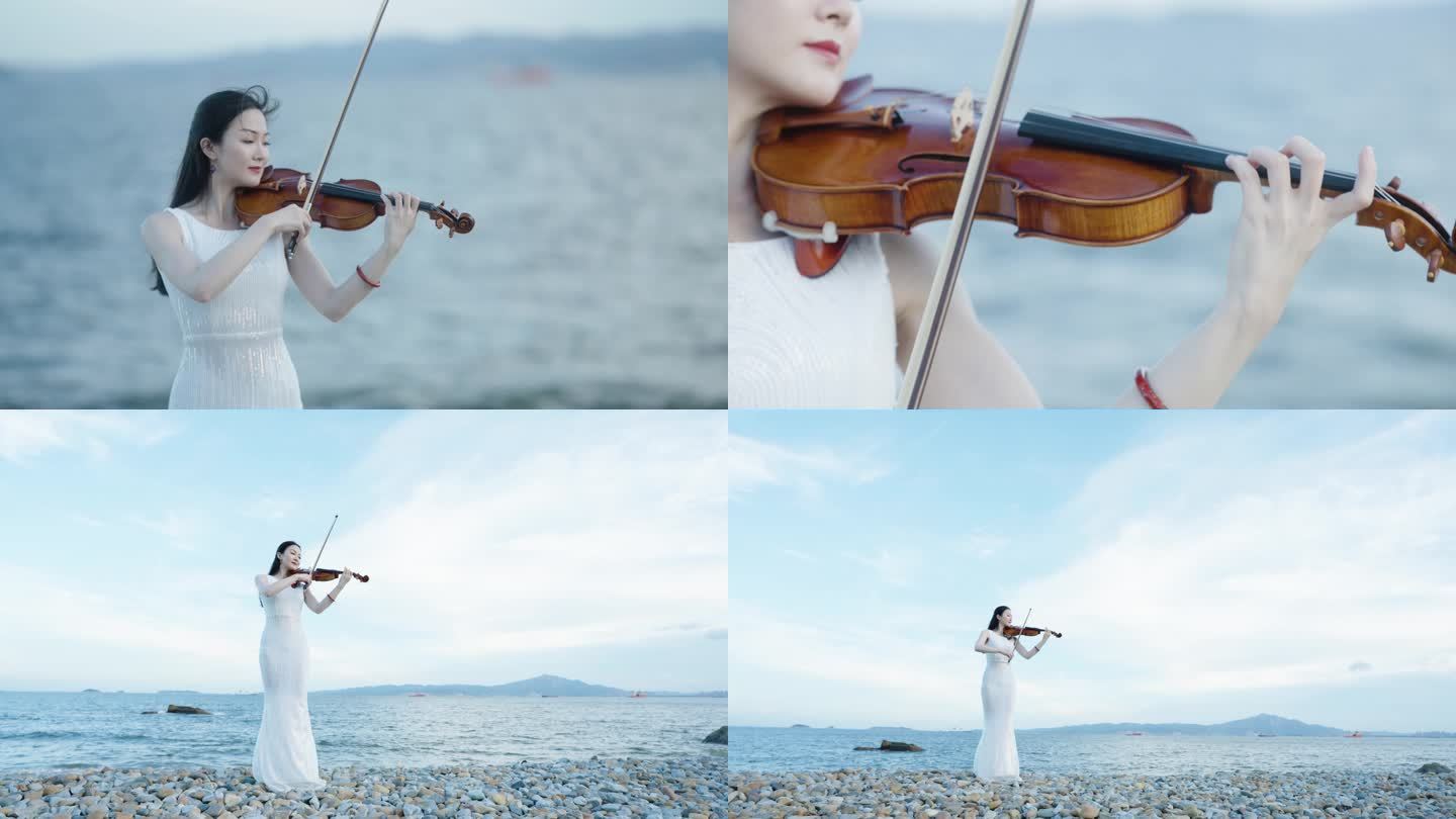 美女海边拉小提琴