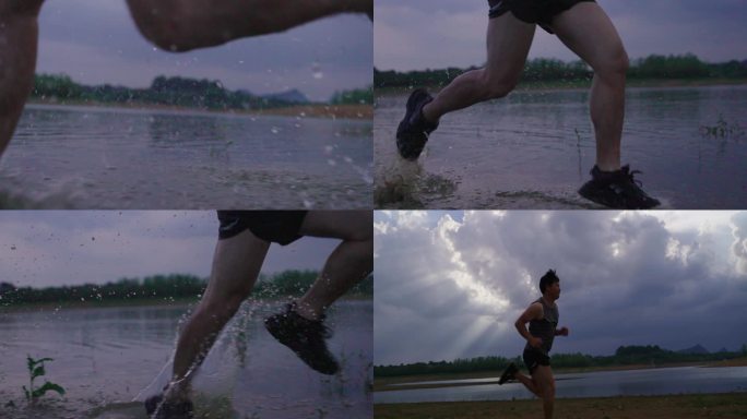 跑步高速拍摄男人雨中奔跑风雨无阻拼搏奋斗