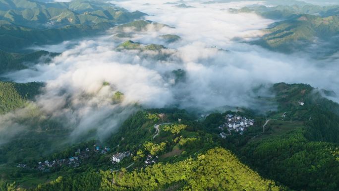 4K黄山云海石潭下汰高山徽州航拍