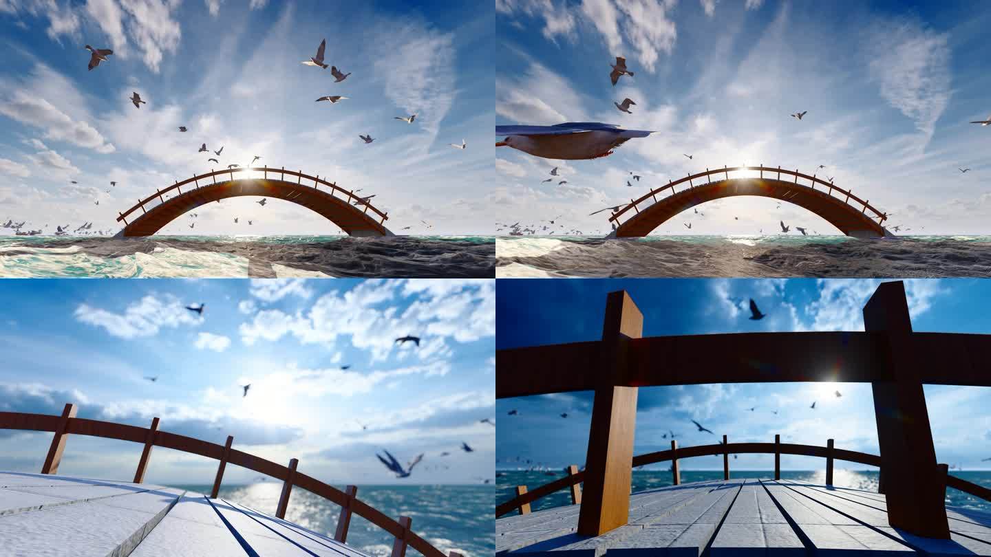 夕阳大海拱桥码头海鸥飞翔和谐大自然