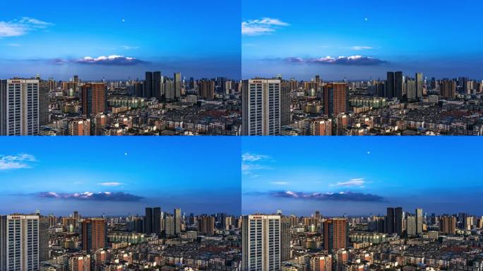4k成都城市上空蓝天白云间一轮月亮升起来
