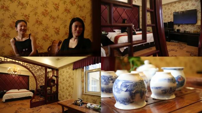 酒店内景中式家具美女聊天喝茶
