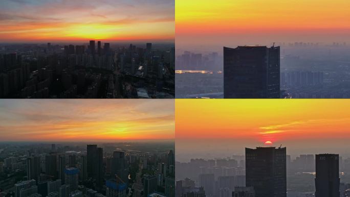 航拍杭州临平新城清晨日出风光