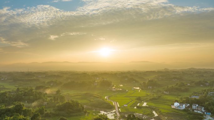 乡村田野夕阳航拍延时