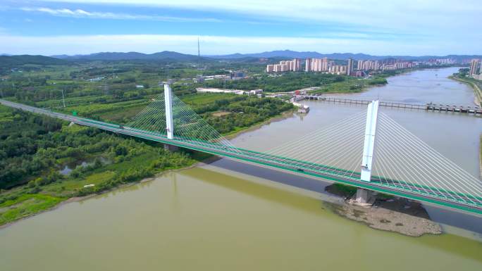 吉林市松花江蓝旗大桥高速公路建筑风光航拍
