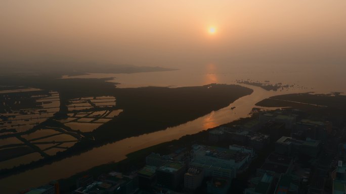 深圳福田河套视频深圳河入海口的落日夕阳