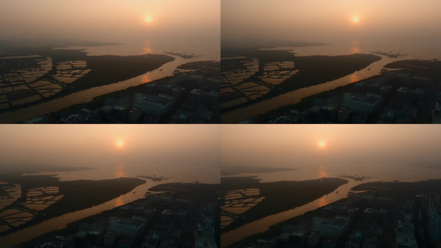 深圳福田河套视频深圳河入海口的落日夕阳