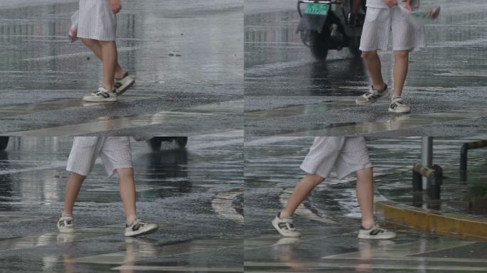 雨中走过斑马线的男孩脚步【慢动作】