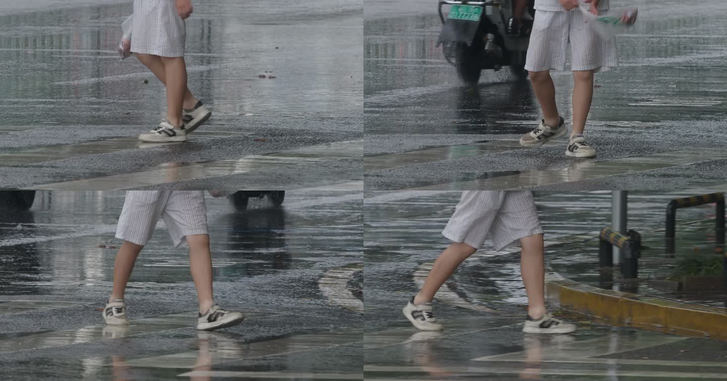 雨中走过斑马线的男孩脚步【慢动作】