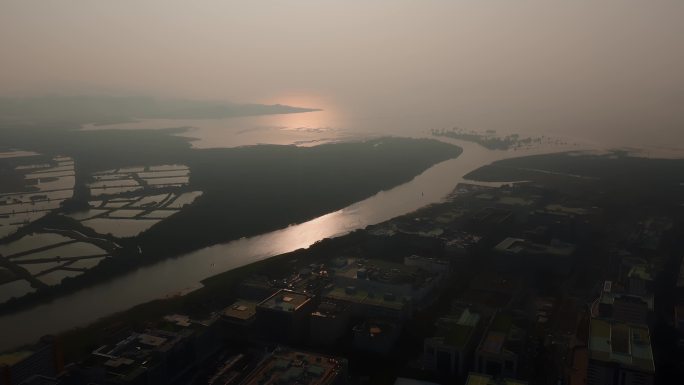 深圳福田河套视频日出晨雾深圳河入海口