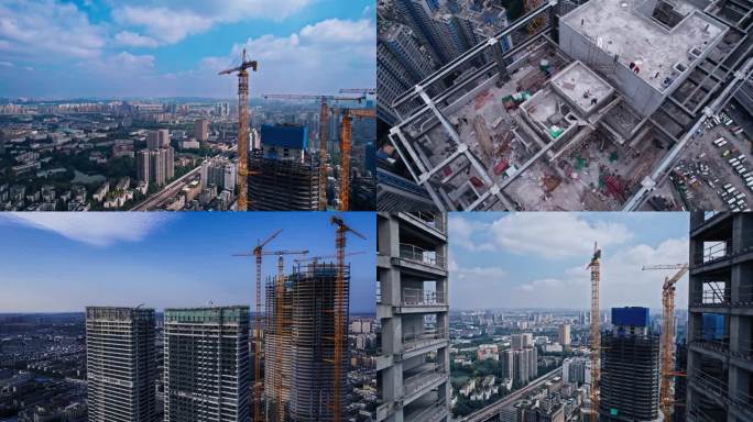 4K城市发展建设摩天大楼在建工地地标建筑
