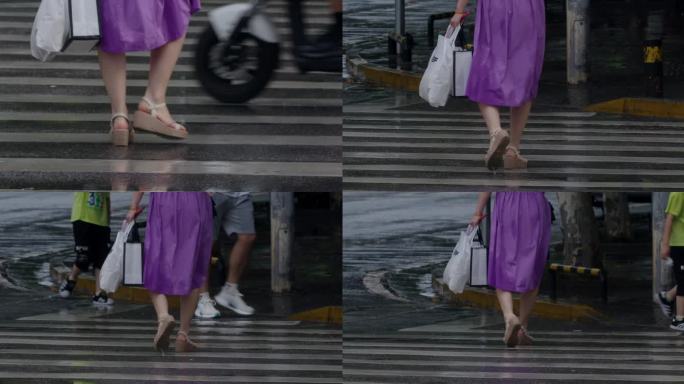 雨中的中年女性脚步一组【慢动作】