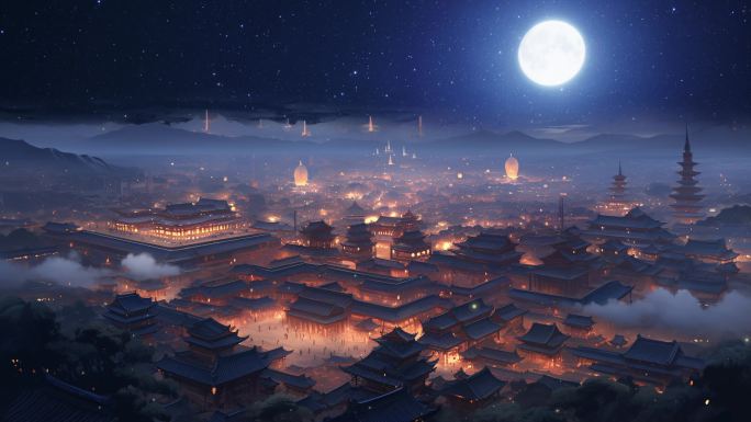 古代皇城夜景大唐明清城镇宫殿故宫场景大屏