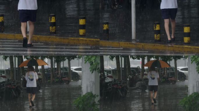 雨中过马路的女性脚步一组【慢动作】