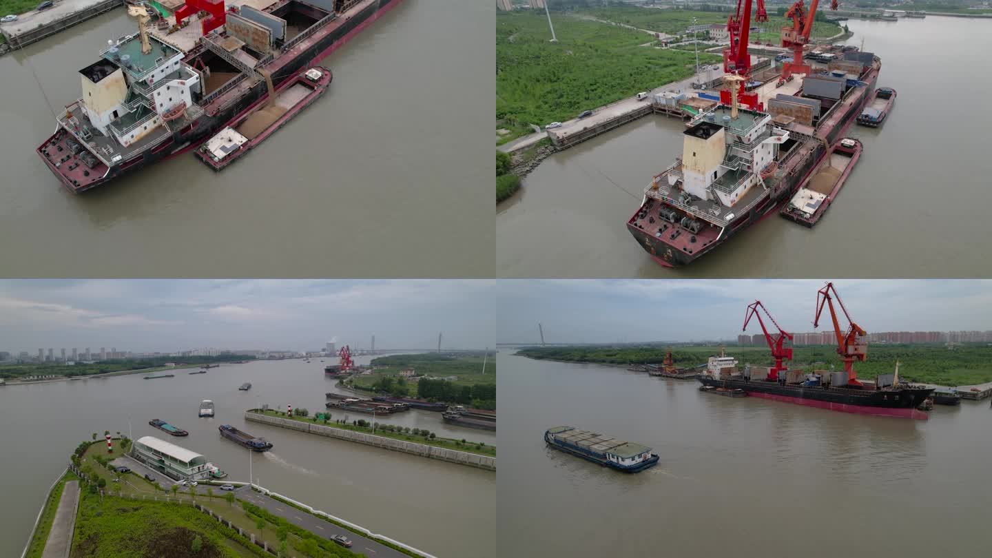 航拍上海黄浦江大治河西闸口码头装卸河沙