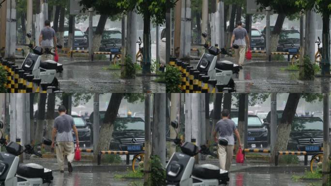 淋着雨的中年男人背影一组【慢动作】